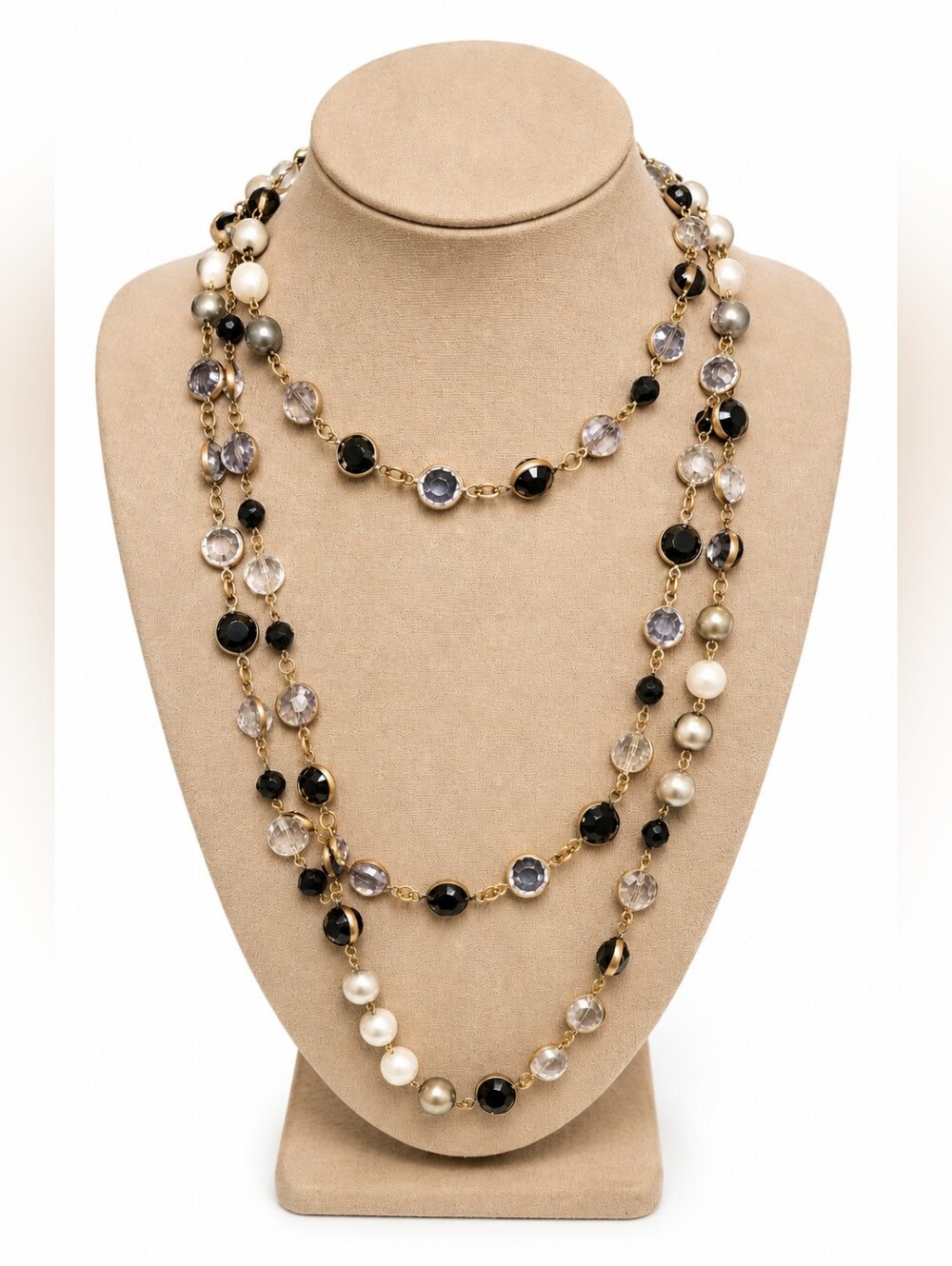 Black Gray Crystal Faux Pearl Long Layered Statement Necklace 30"